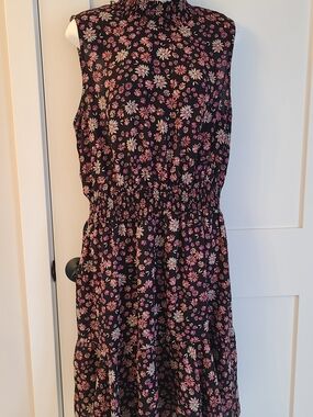 High Neck Black Floral Smocked Waist Dress
